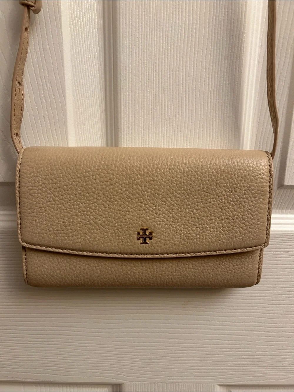 Tory Burch Tan Pebbled Leather Crossbody with Gold Logo
